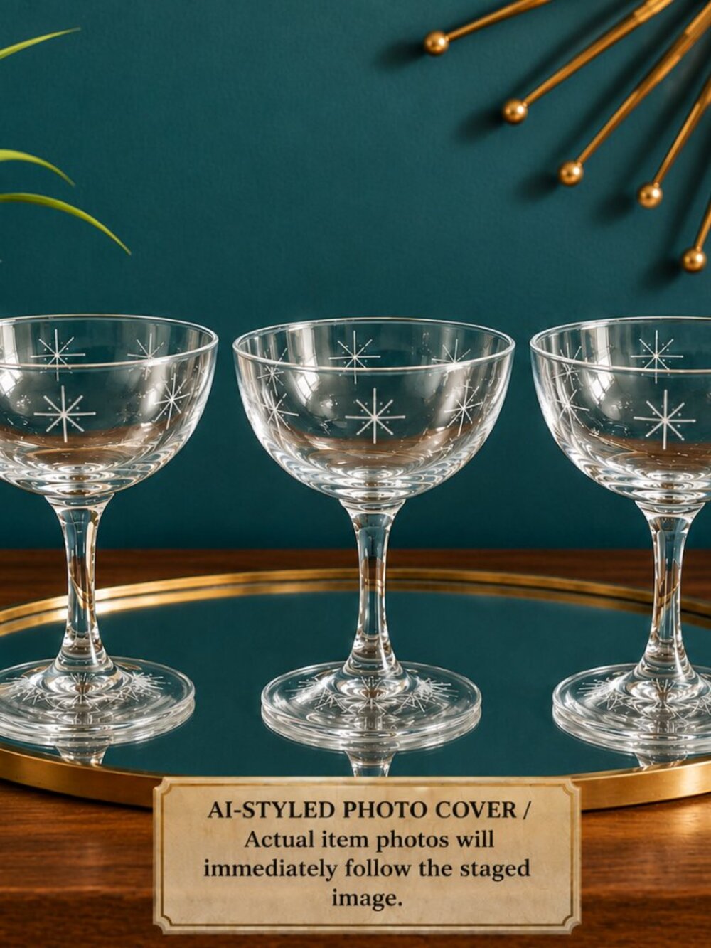 Vintage MCM Etched Atomic Starburst Coupe Glasses Set of 3 Cocktail Sherbet